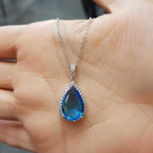 CNG Jewels - Damla Akuamarin Renk Taşlı Pırlanta Modeli Gümüş Bayan Kolye