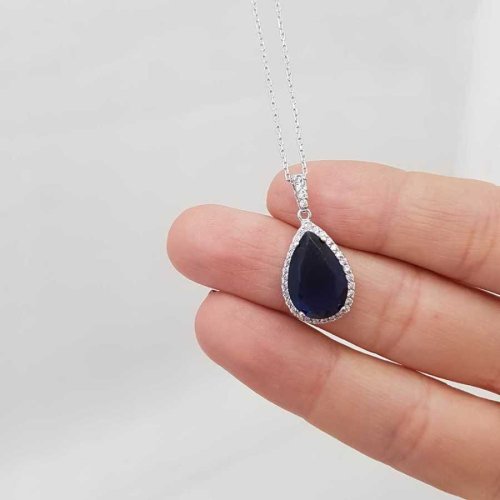 CNG Jewels - Damla Safir Renk Taşlı Pırlanta Modeli Gümüş Bayan Kolye