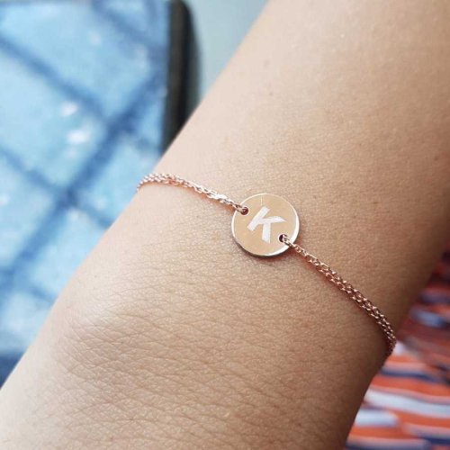 CNG Jewels - Küçük Yuvarlak Plaka K Harfi Rose Gold Gümüş Bayan Bileklik