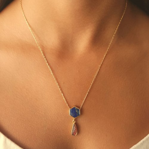 CNG Jewels - Lapis Lazuli Yaprak Desen Granat Tasarım Kadın Gümüş Kolye