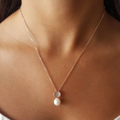 CNG Jewels - Minimal Taşlı Damla Gerçek İnci Rose Kadın Gümüş Kolye