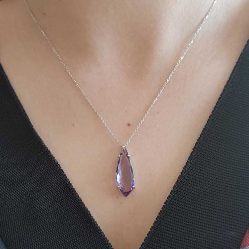 CNG Jewels - Modern Damla Kesim Ametist Taşlı Gümüş Bayan Kolye