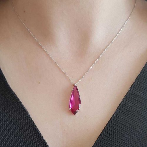 CNG Jewels - Modern Damla Yakut Renk Taşlı Gümüş Bayan Kolye