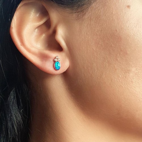 CNG Jewels - Tria Oval Mavi Opal Rose Gümüş Bayan Küpe