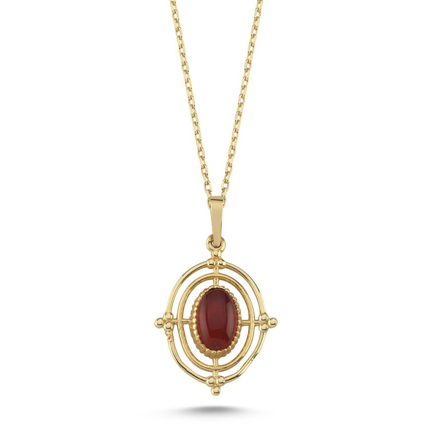 14 Ayar Altın Akik Taşlı Oval Vintage Kolye - CNG Jewels