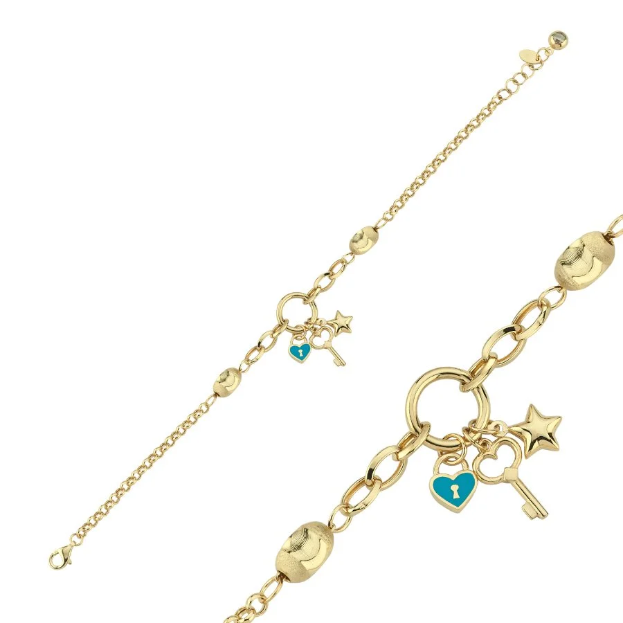 14 Ayar Altın Anahtar Kalp Yıldız Charm Bileklik - 1