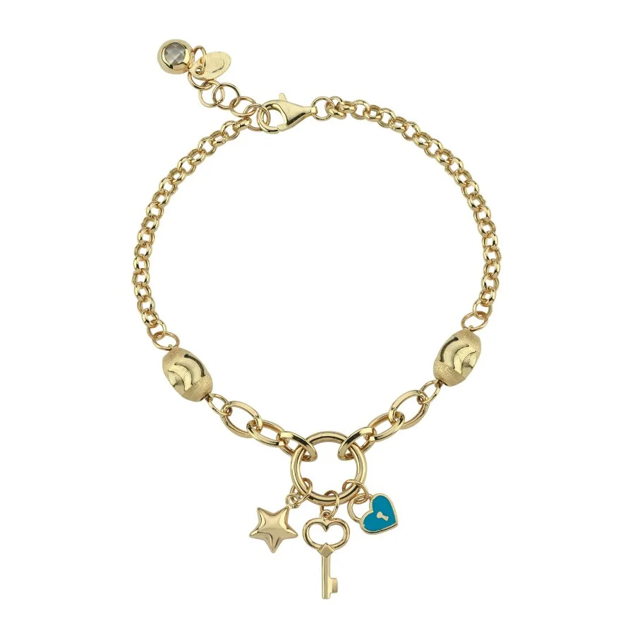 14 Ayar Altın Anahtar Kalp Yıldız Charm Bileklik - 3