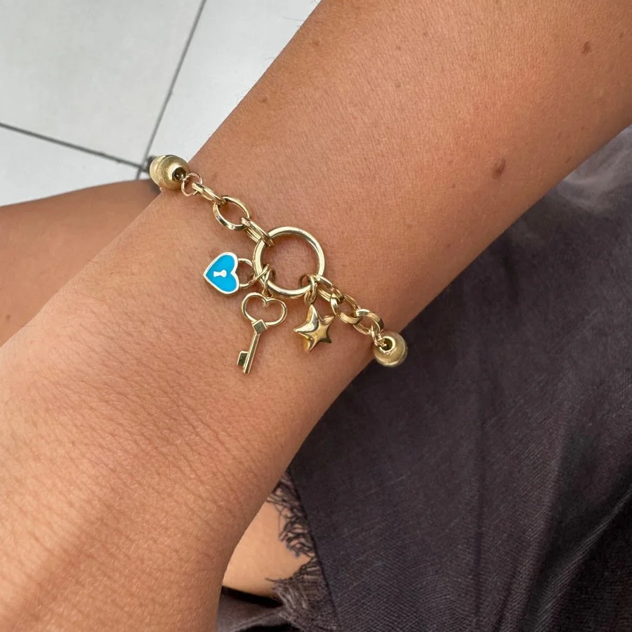 14 Ayar Altın Anahtar Kalp Yıldız Charm Zincir Bileklik - 2