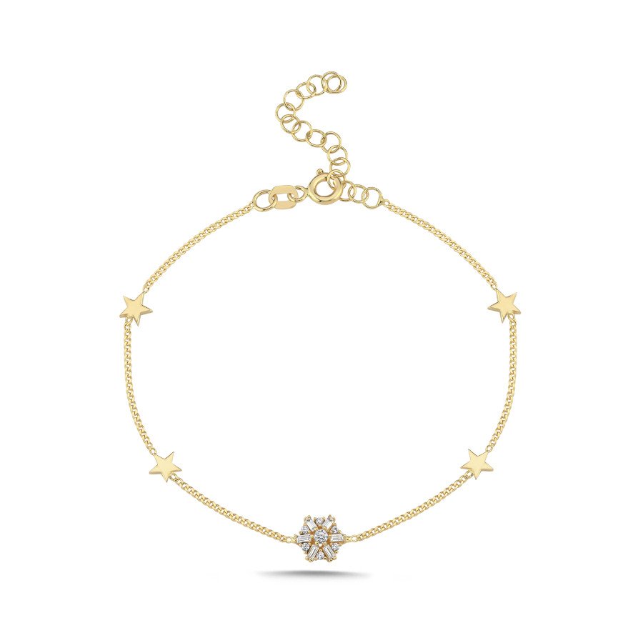 14 Ayar Altın Bagetli Çiçek ve Yıldız Bileklik - CNG Jewels