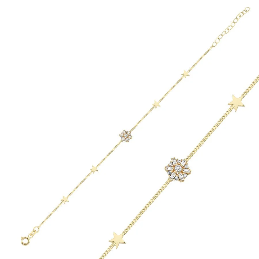 14 Ayar Altın Bagetli Çiçek ve Yıldız Bileklik - 2