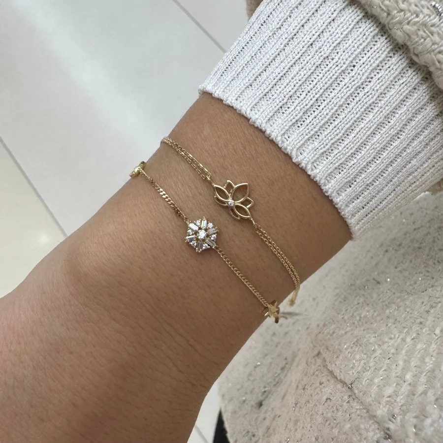 14 Ayar Altın Bagetli Çiçek ve Yıldız Bileklik - 2