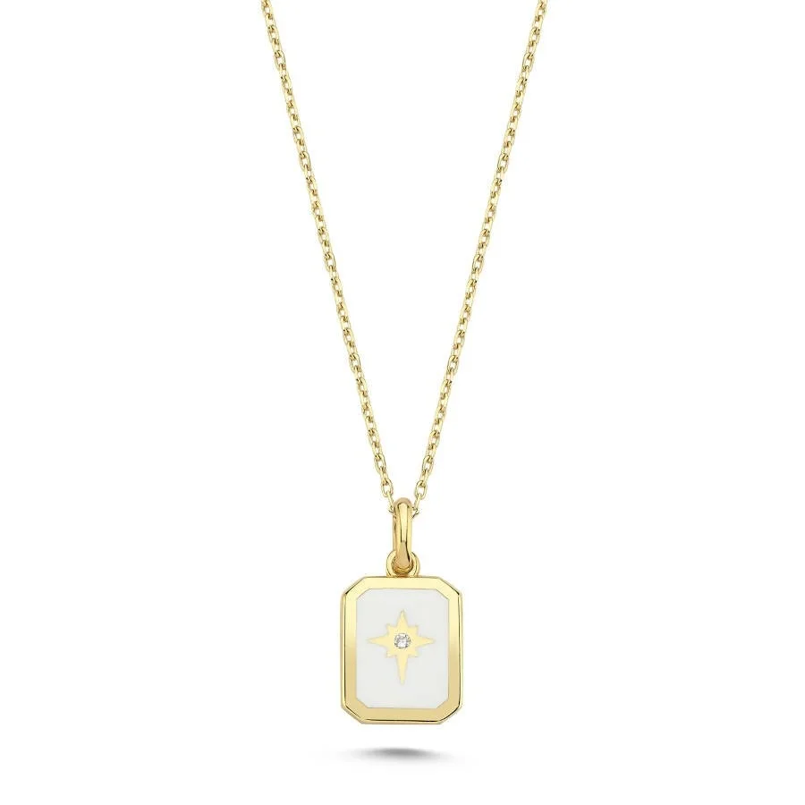 14 Carat Gold White Enamel Small North Star Necklace - 1