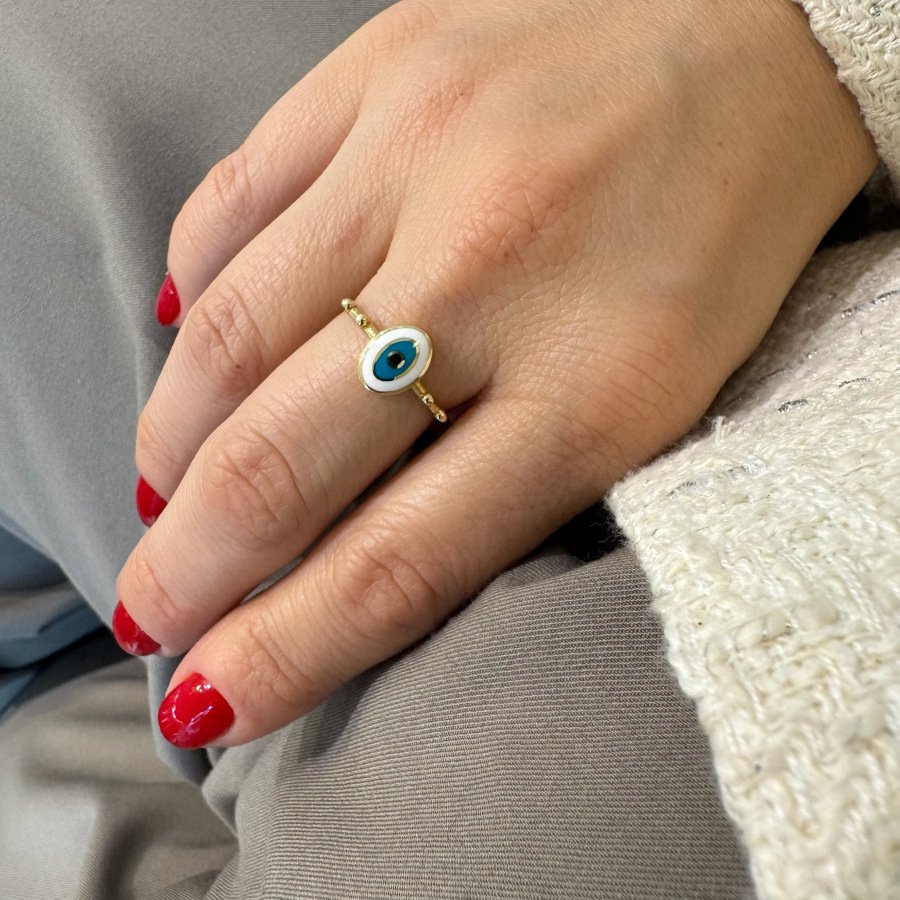 14 Carat Gold White Enamel Evil Eye Bead Ring - CNG Jewels (1)