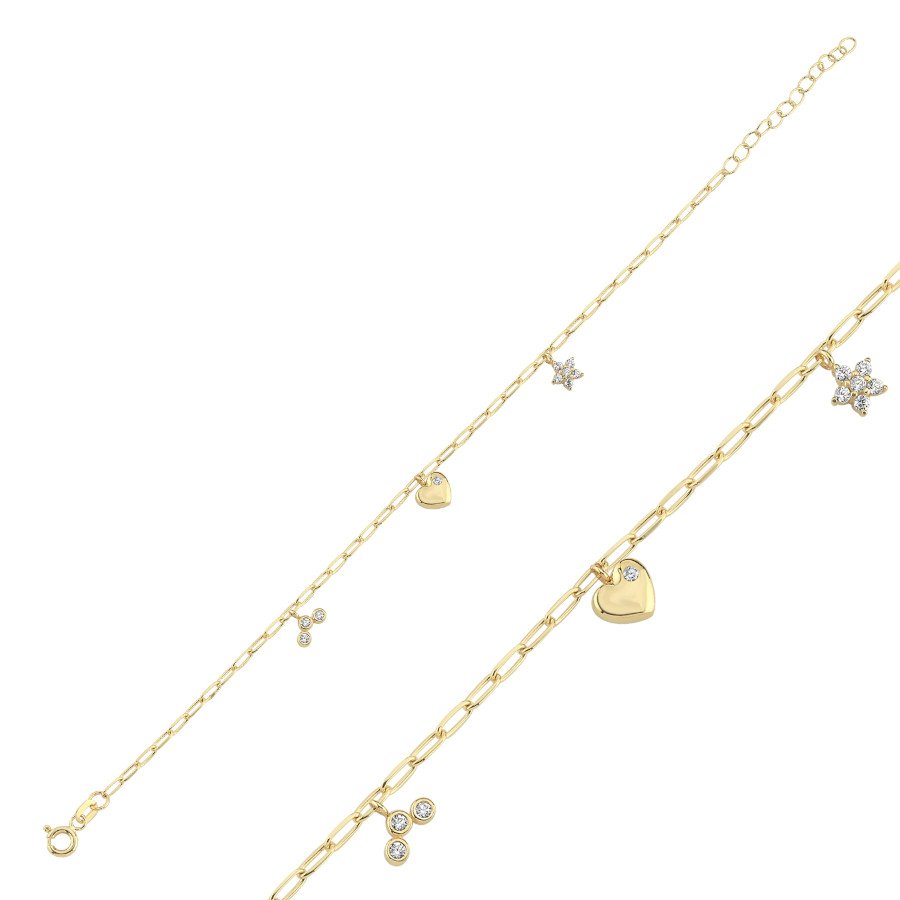 14 Ayar Altın Çiçek ve Kalp Charm Bileklik - CNG Jewels