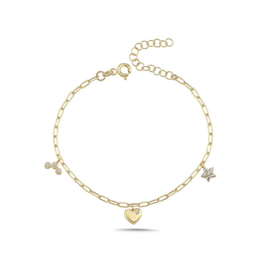14 Ayar Altın Çiçek ve Kalp Charm Bileklik - CNG Jewels (1)