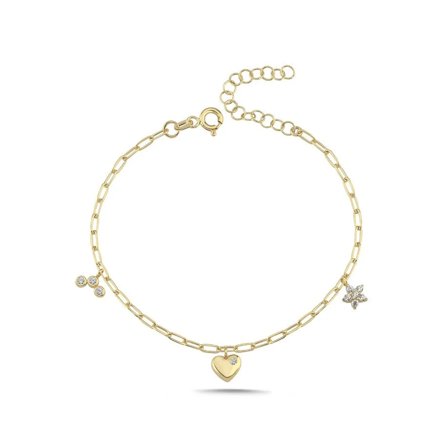 14 Ayar Altın Çiçek ve Kalp Charm Bileklik - 2