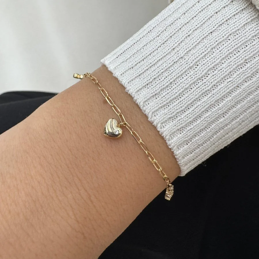 14 Ayar Altın Çiçek ve Kalp Charm Bileklik - 2