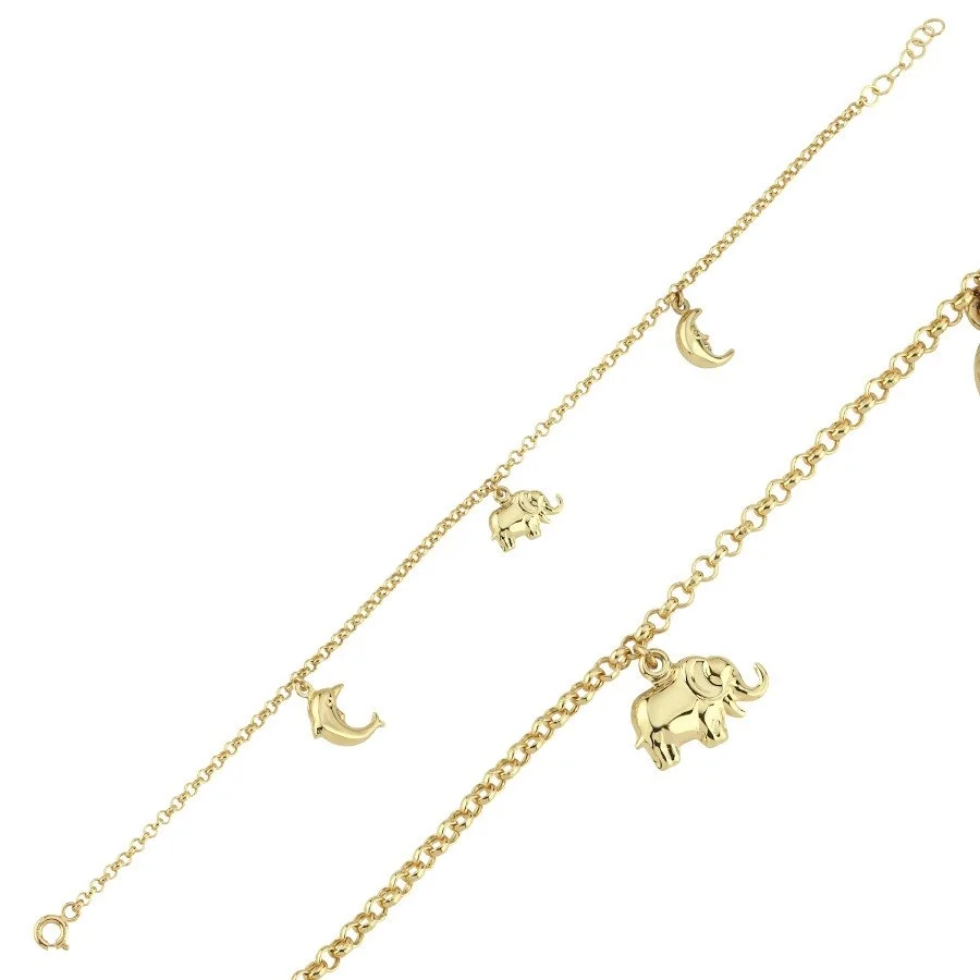 14 Ayar Altın Fil Yunus Ay Charm Bileklik - 1