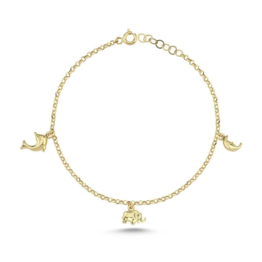 14 Ayar Altın Fil Yunus Ay Charm Bileklik - 2