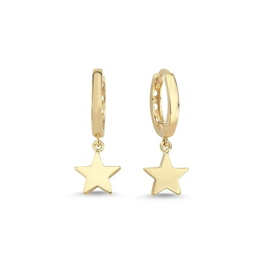 14 Ayar Altın Halka Sallantılı Yıldız Küpe - 1