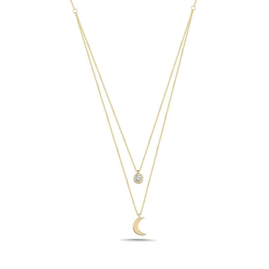 14 Ayar Altın İkili Hilal ve Tektaş Kolye - CNG Jewels