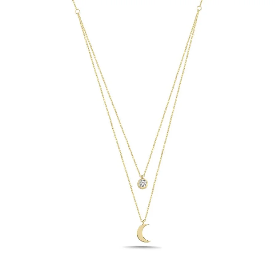 14 Ayar Altın İkili Hilal ve Tektaş Kolye - 1