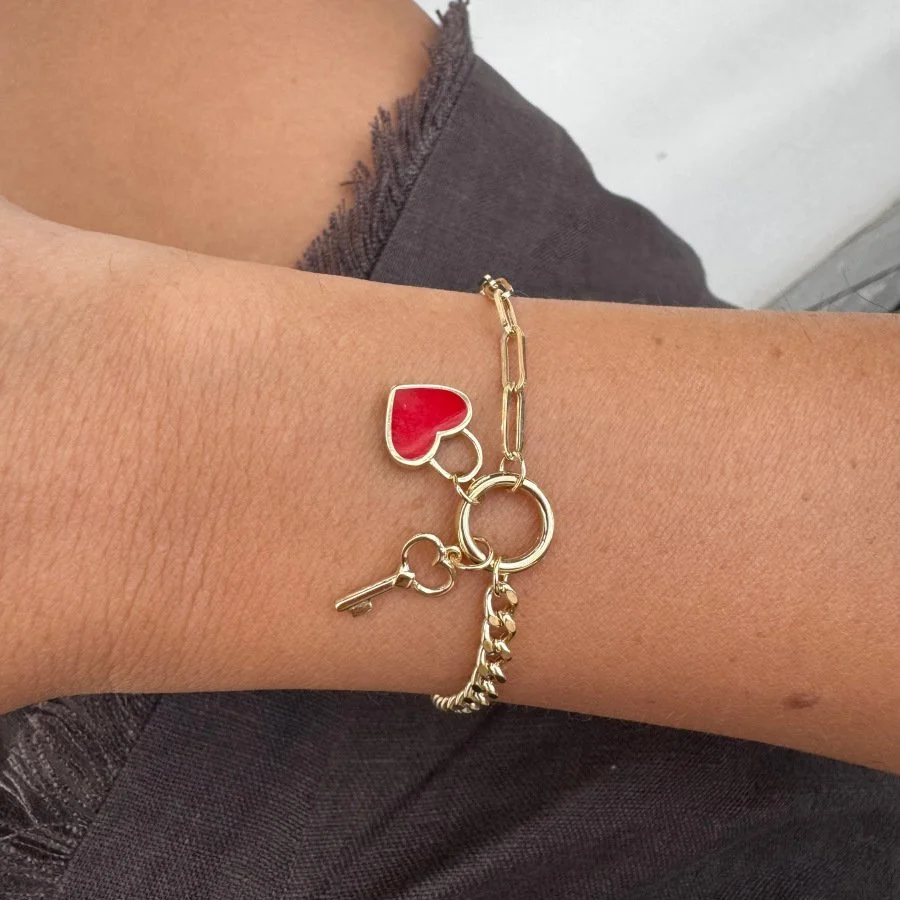 14 Ayar Altın Kalp Anahtar Charm Zincir Bileklik - 2