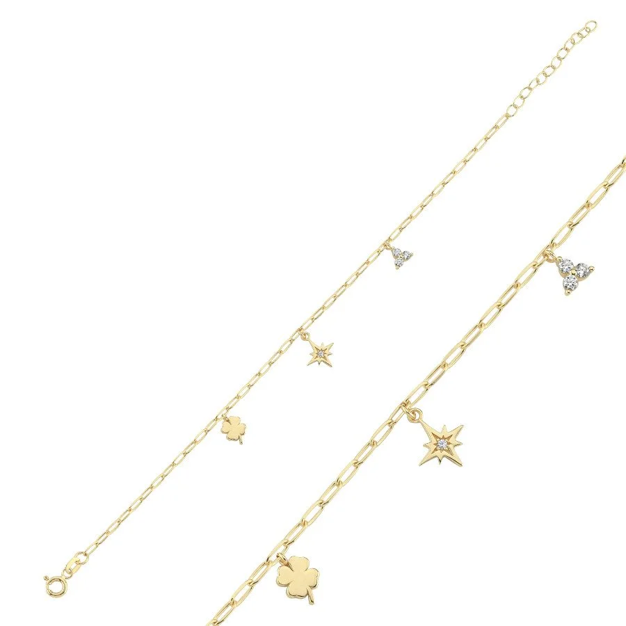14 Ayar Altın Kutup Yıldızı ve Yonca Charm Bileklik - 1