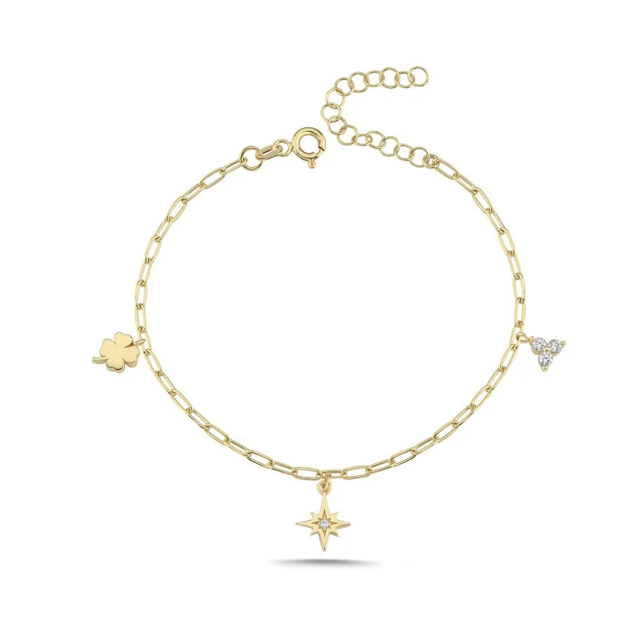 14 Ayar Altın Kutup Yıldızı ve Yonca Charm Bileklik - 2