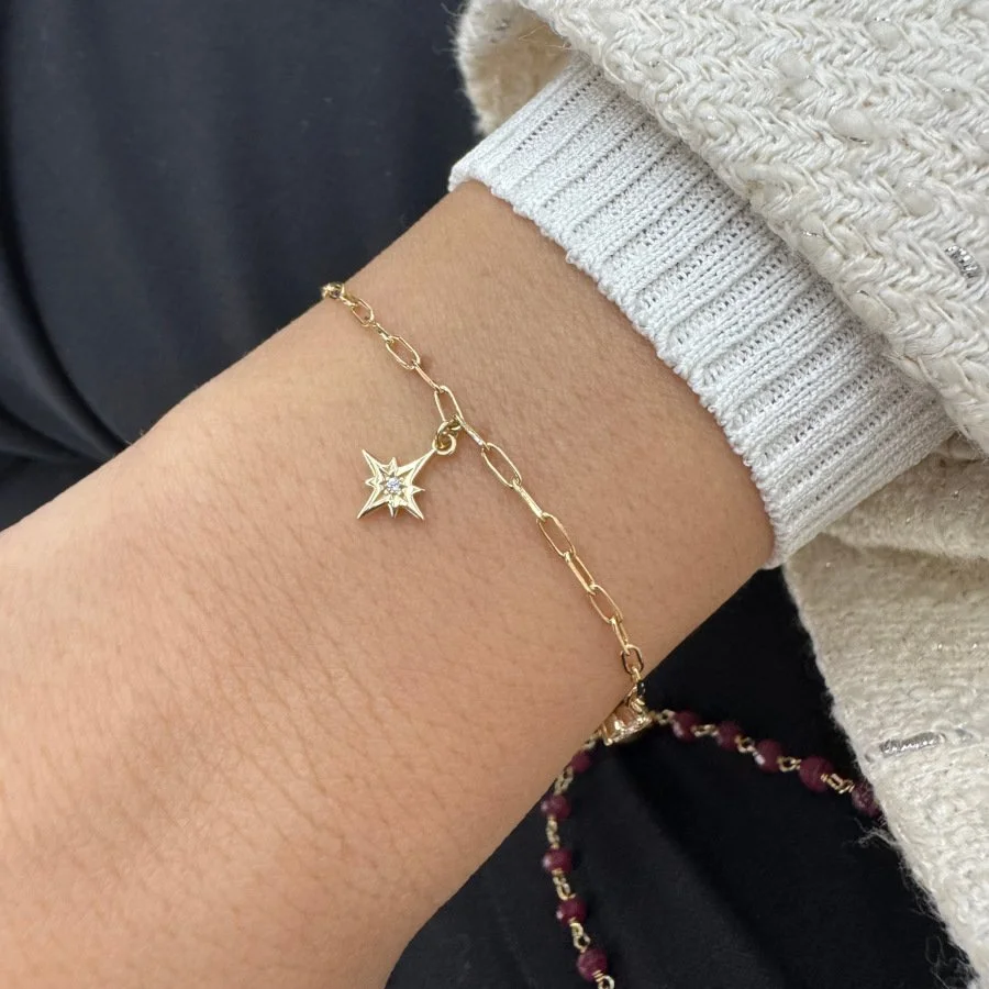 14 Ayar Altın Kutup Yıldızı ve Yonca Charm Bileklik - 2