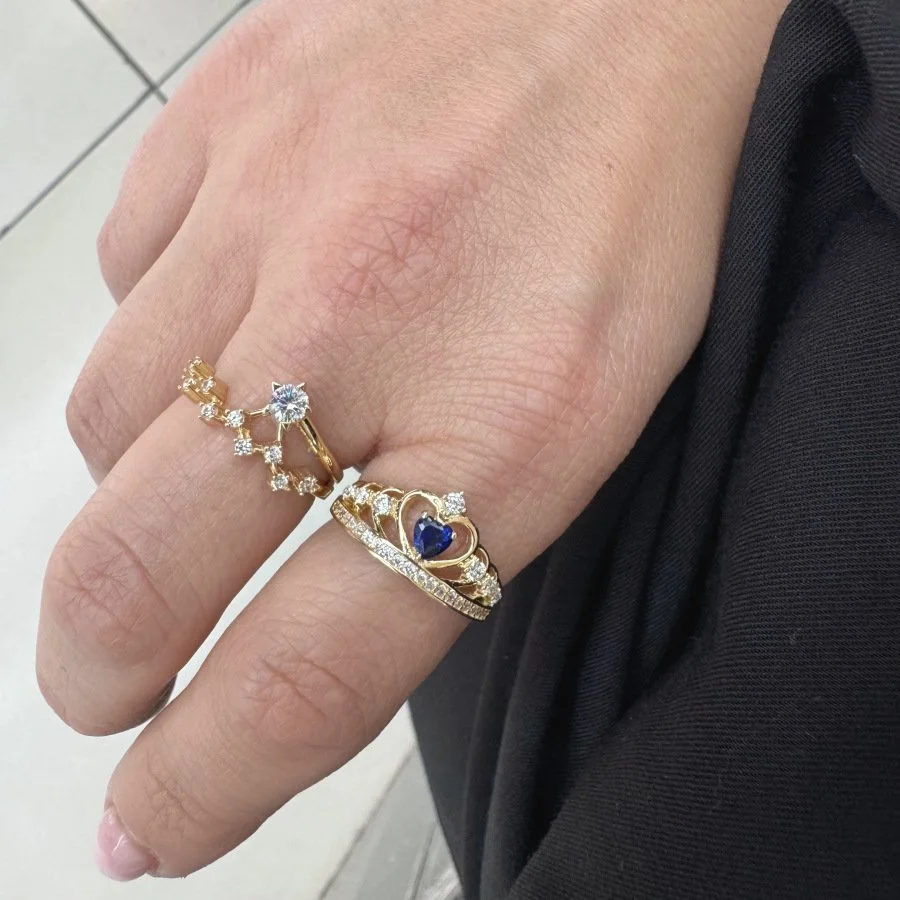 14 Ayar Altın Mavi Kalpli Kraliçe Tacı Yüzük - 2