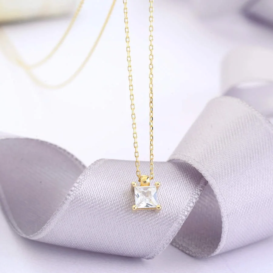 14 Ayar Altın Mini Kare Tektaş Kolye - 2