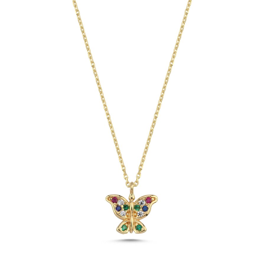 14 Ayar Altın Minimal Renkli Taşlı Kelebek Kolye - CNG Jewels