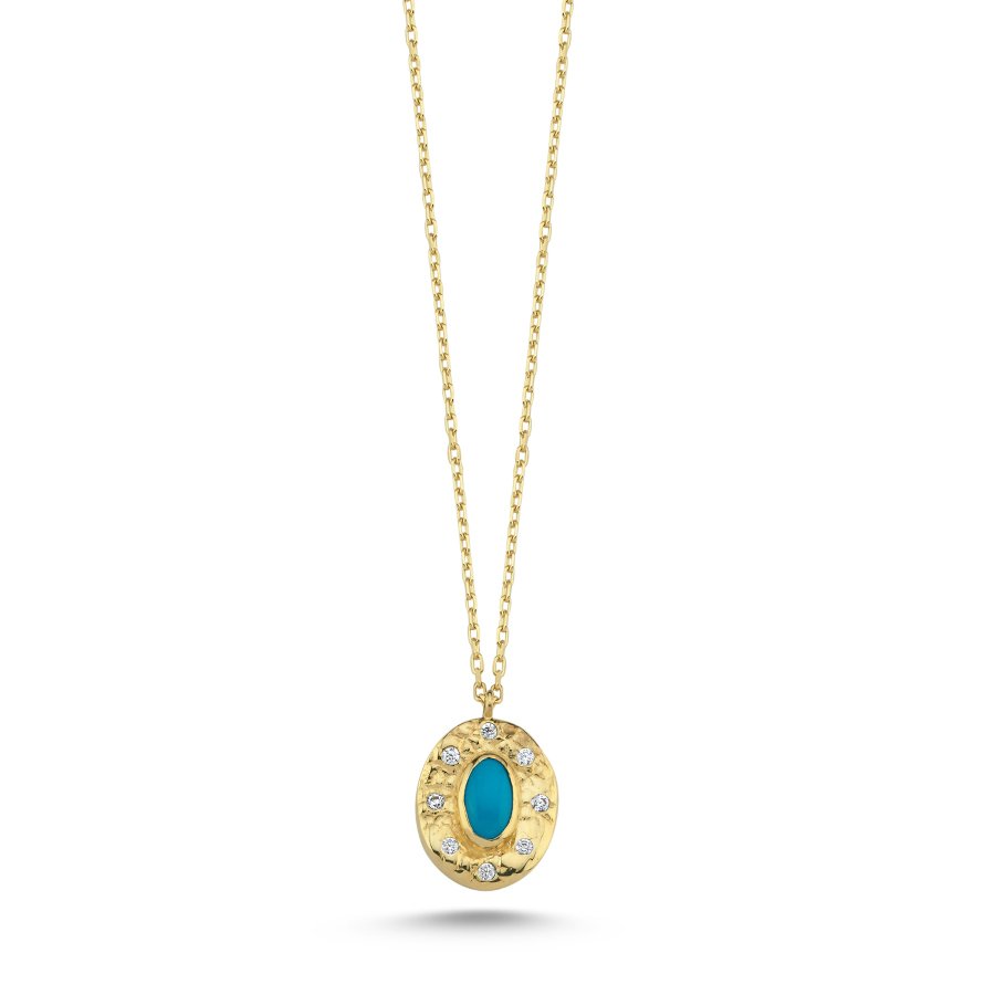 14 Ayar Altın Oval Dövülü Turkuaz Taşlı Kolye - CNG Jewels
