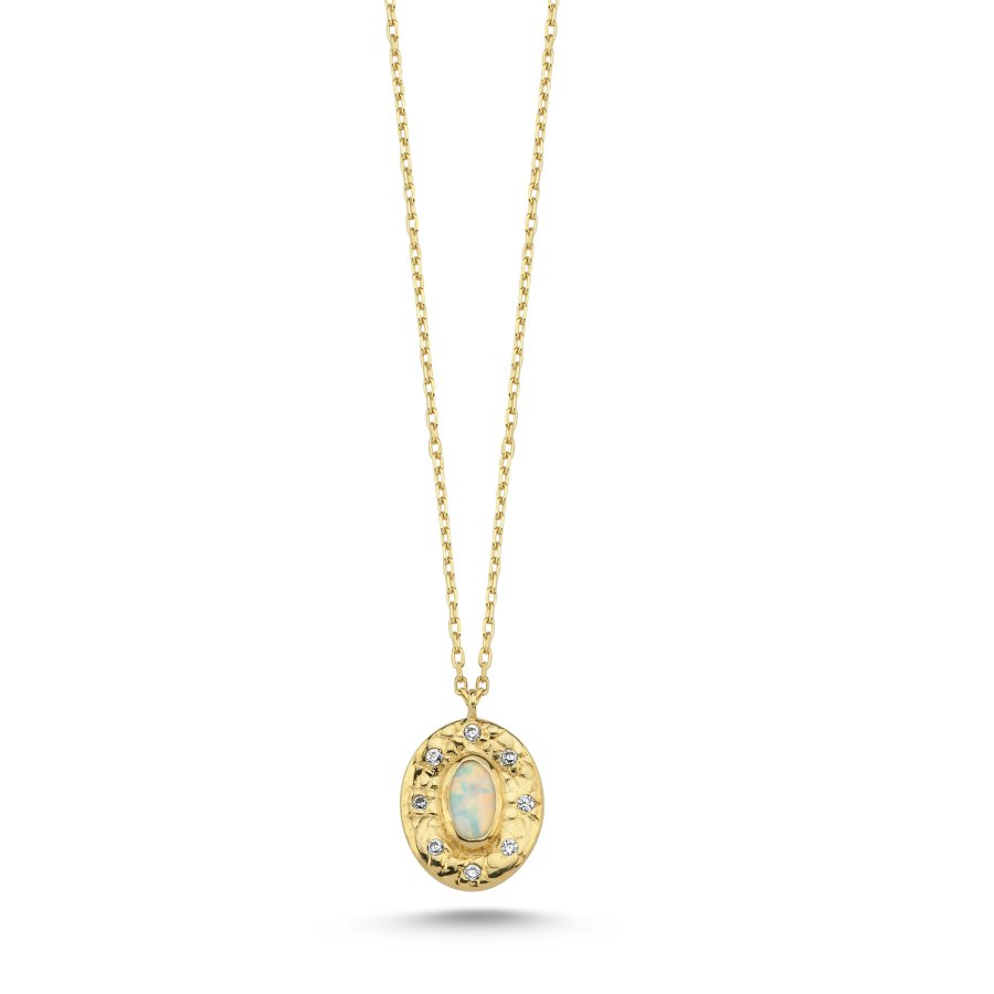 14 Ayar Altın Oval Dövülü Opal Taşlı Kolye - CNG Jewels