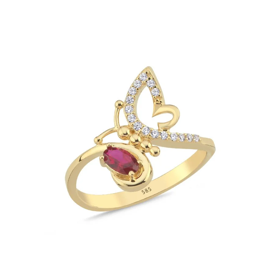 14 Ayar Altın Ruby Kelebek Tasarım Yüzük - 1