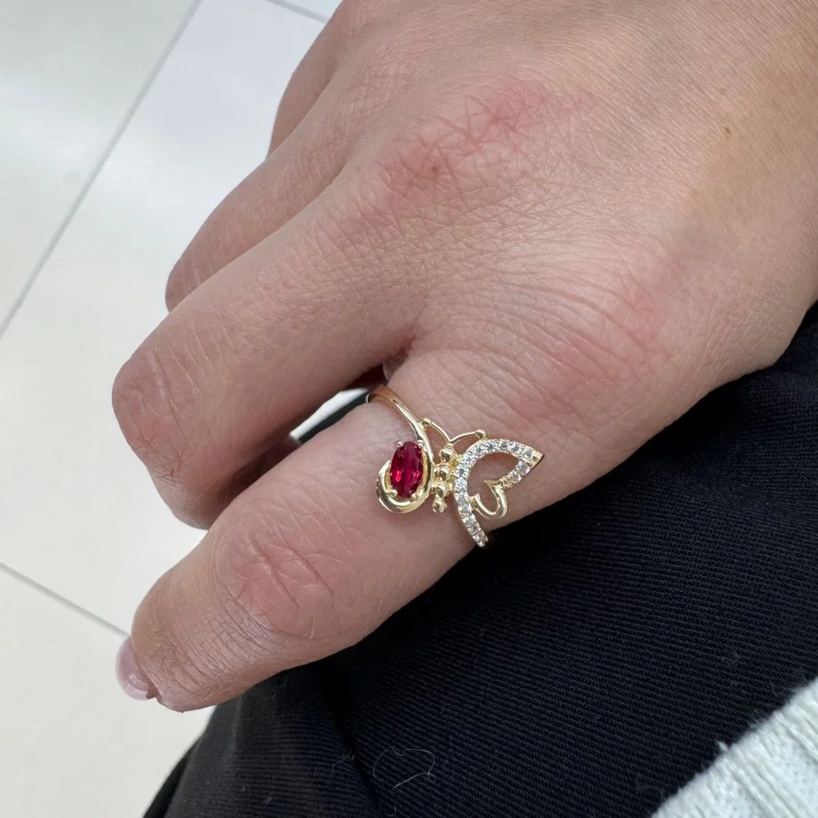 14 Ayar Altın Ruby Kelebek Tasarım Yüzük - 2