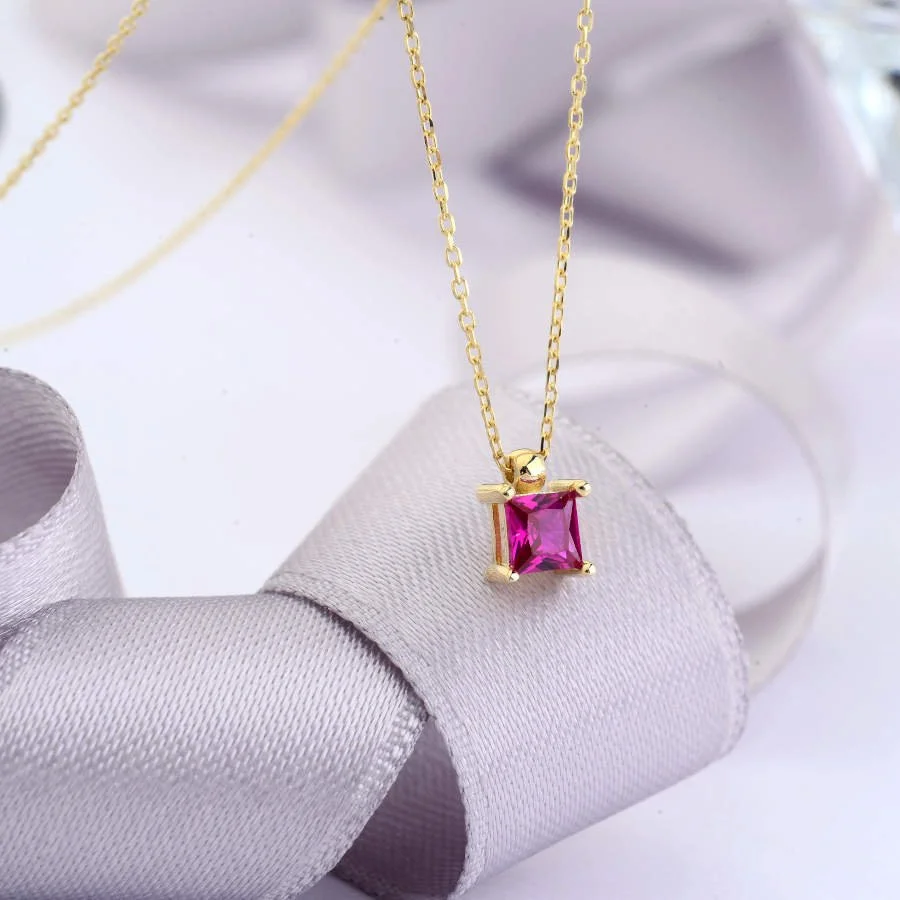 14 Ayar Altın Ruby Mini Kare Tektaş Kolye - 2