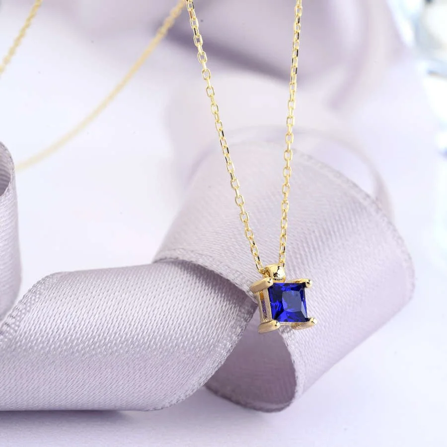 14 Ayar Altın Safir Mavi Mini Kare Tektaş Kolye - 2