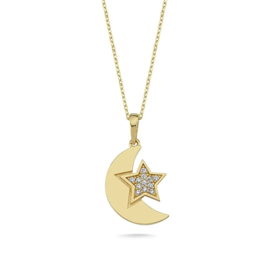 14 Ayar Altın Tasarım Ay Yıldız Kolye - 1