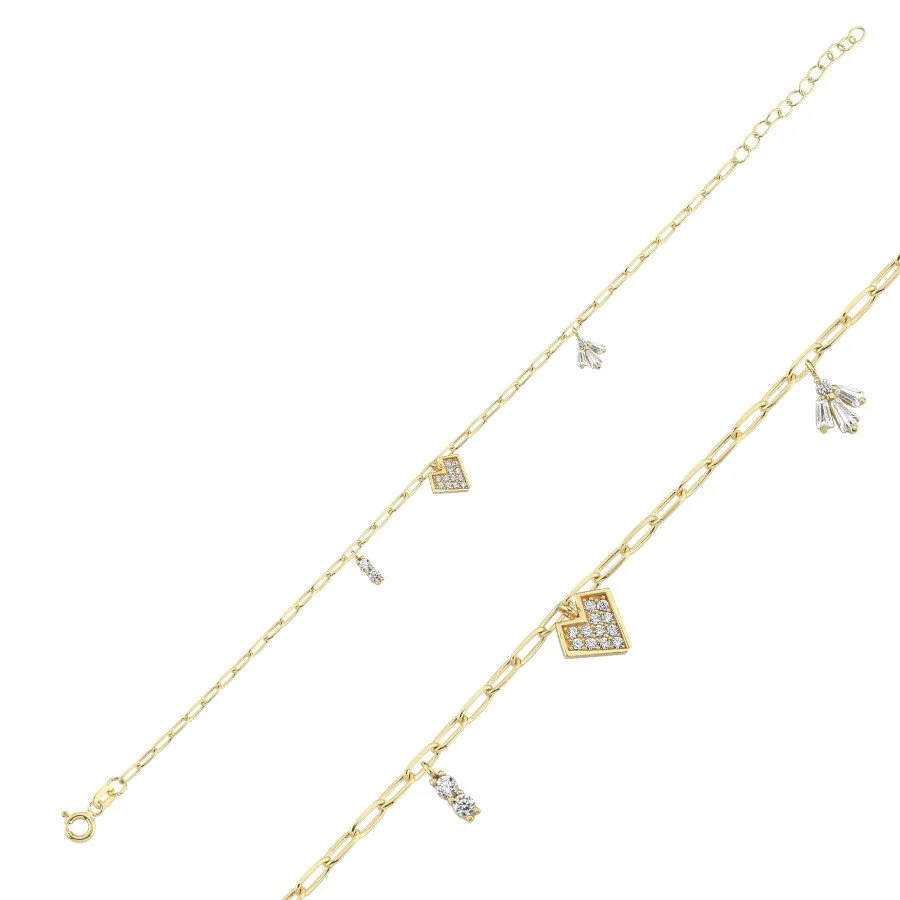 14 Ayar Altın Taşlı Kalp Charm Bileklik - 1