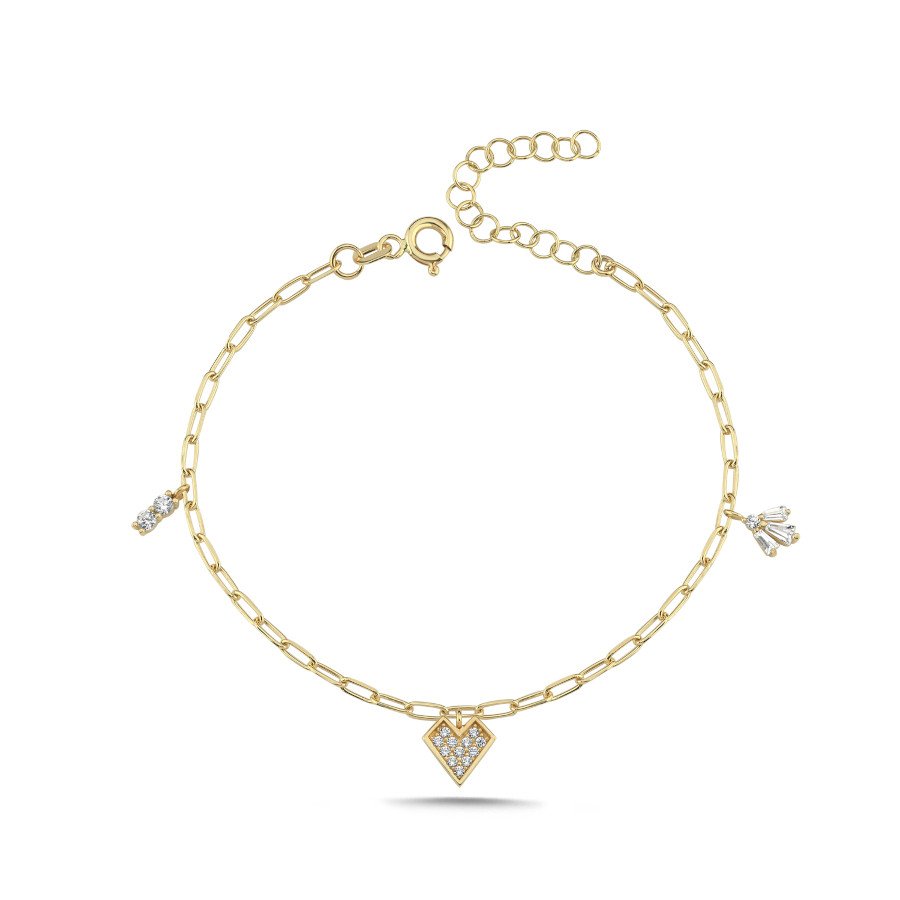 14 Ayar Altın Taşlı Kalp Charm Bileklik - CNG Jewels (1)