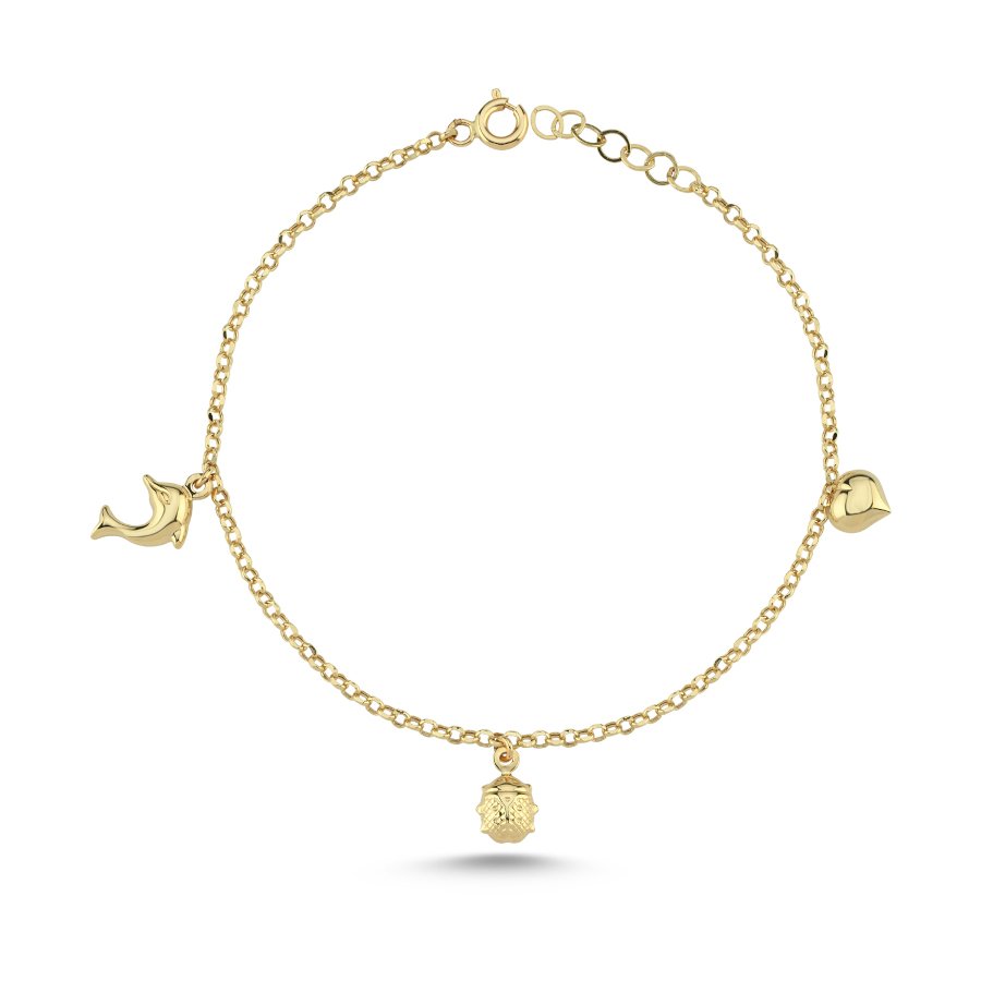 14 Ayar Altın Uğur Böceği Kalp Yunus Charm Bileklik - CNG Jewels (1)
