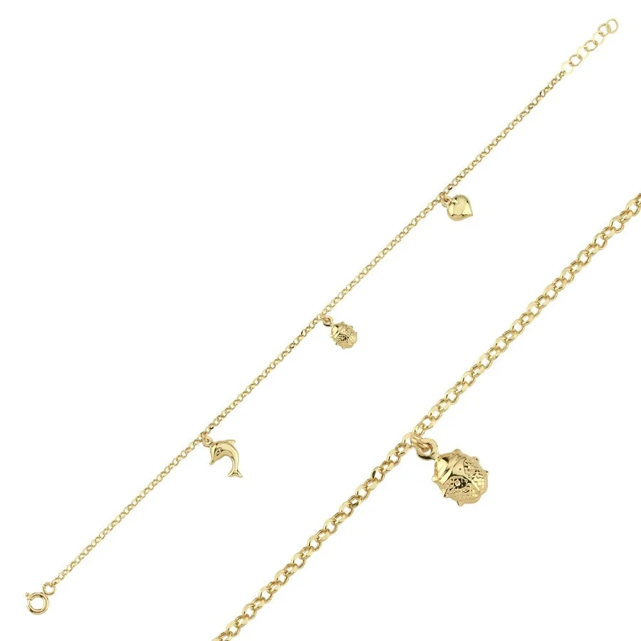 14 Ayar Altın Uğur Böceği Kalp Yunus Charm Bileklik - 2