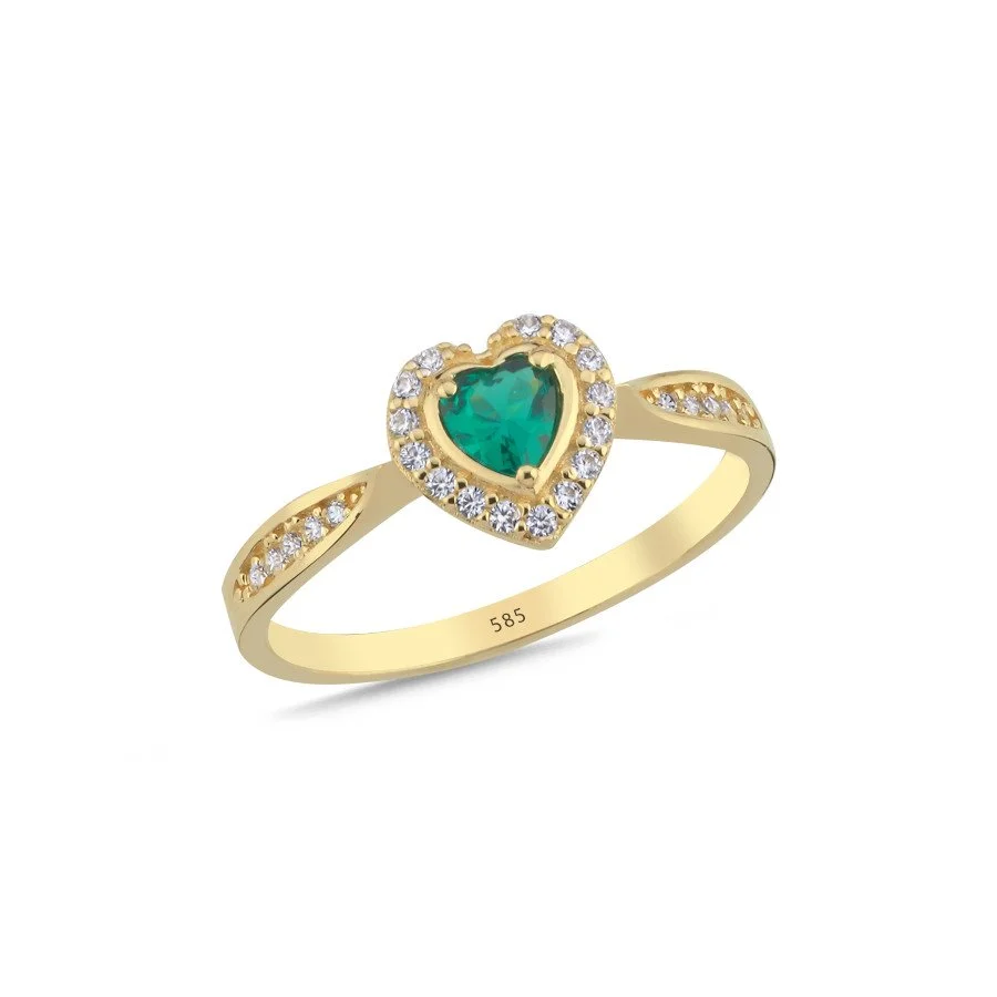 14 Ayar Altın Yeşil Kalp Yüzük - 1