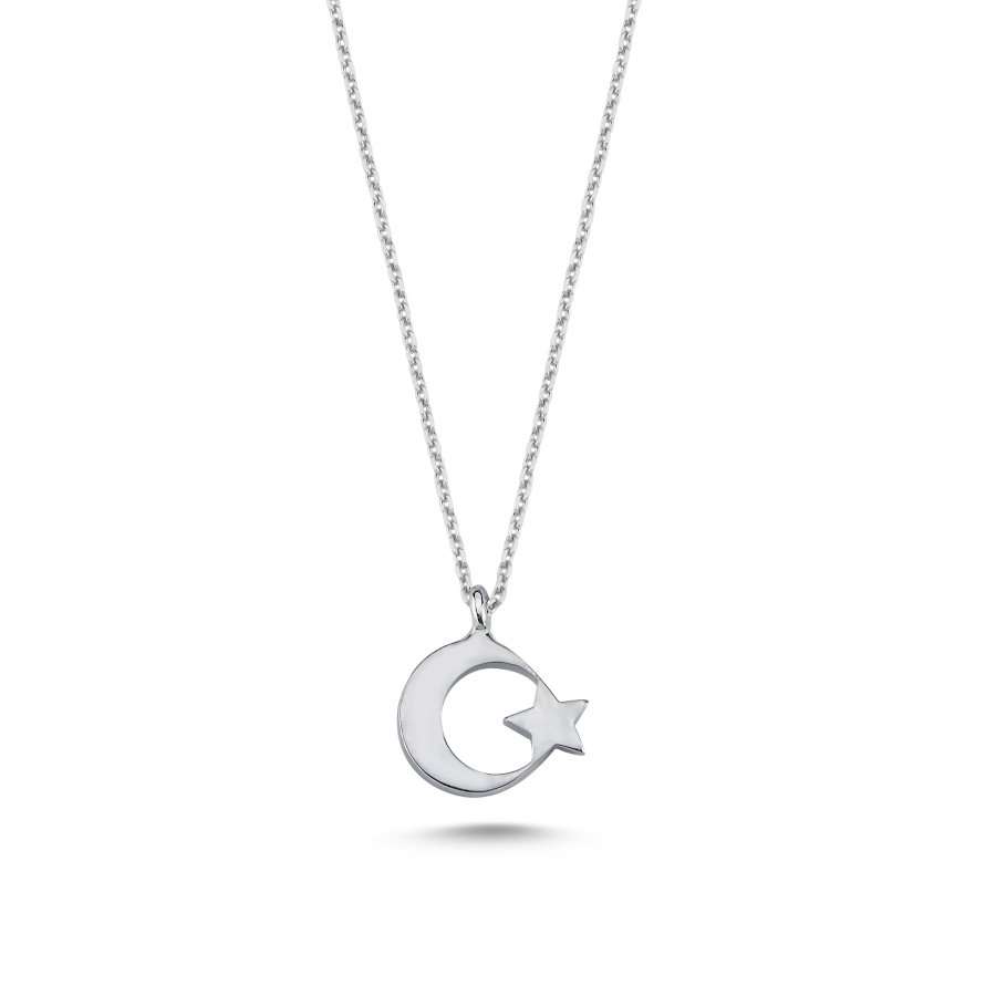 14 Ayar Beyaz Altın Ay Yıldız Kolye - CNG Jewels