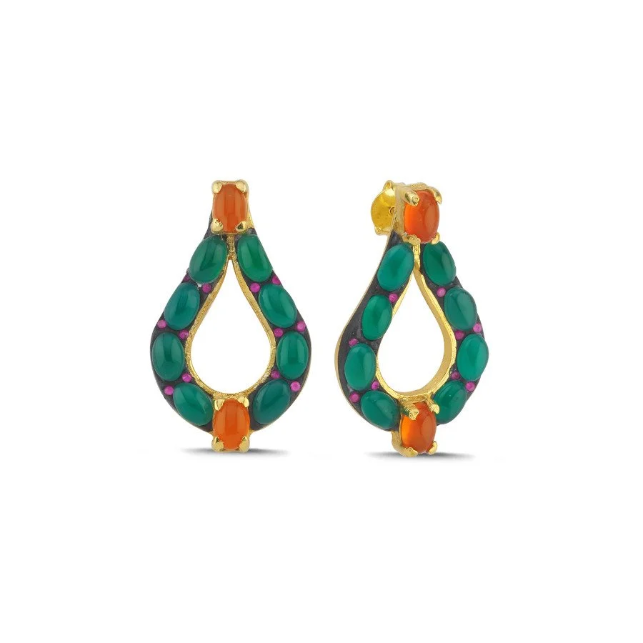 Akik ve Carnelian Taşlı Damla Tasarım Gümüş Küpe - 1