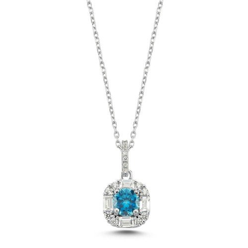 Aqua Blue Baguette Stone Design Women's Silver Necklace - CNG Jewels