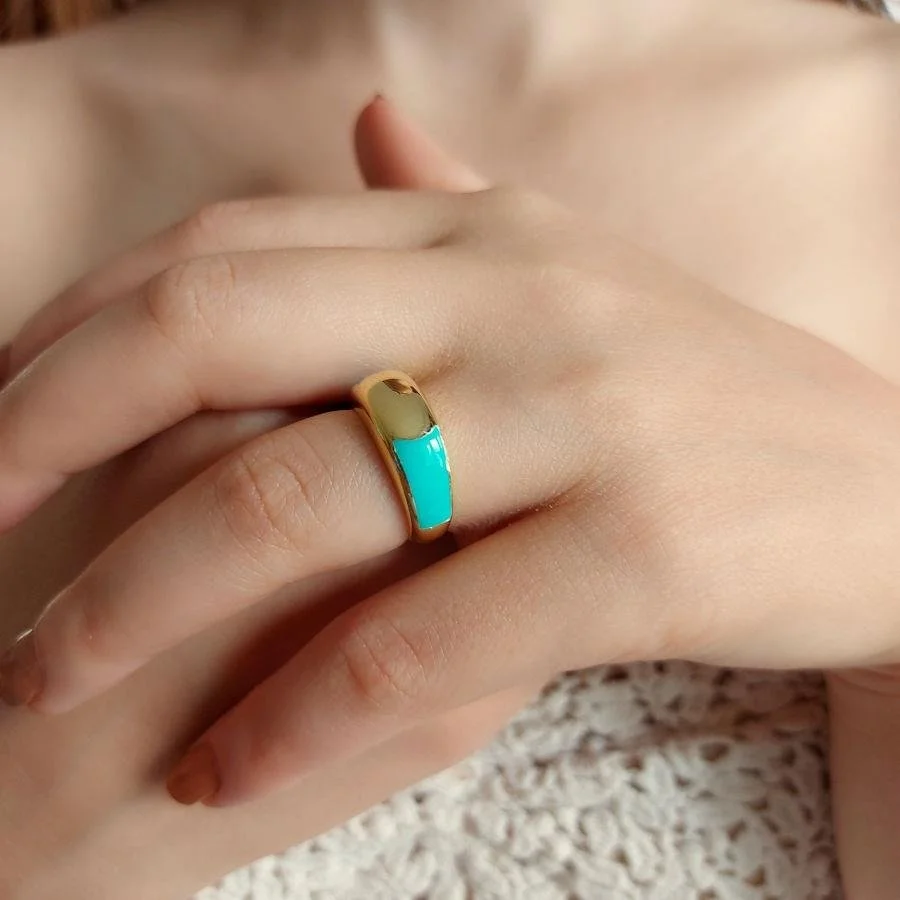 Aqua Enamel Women's Silver Ring - 2