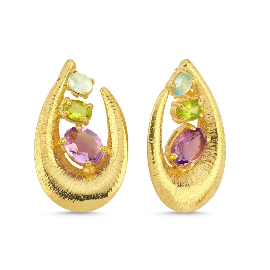 Ametist Peridot Akuamarin Taşlı Tasarım Gümüş Küpe - 1